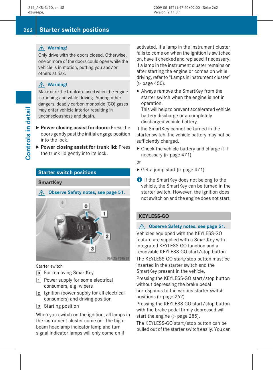 Starter switch positions, Smartkey, Keyless-go | Controls in detail | Mercedes-Benz CL-Class 2010 Owners Manual User Manual | Page 264 / 500