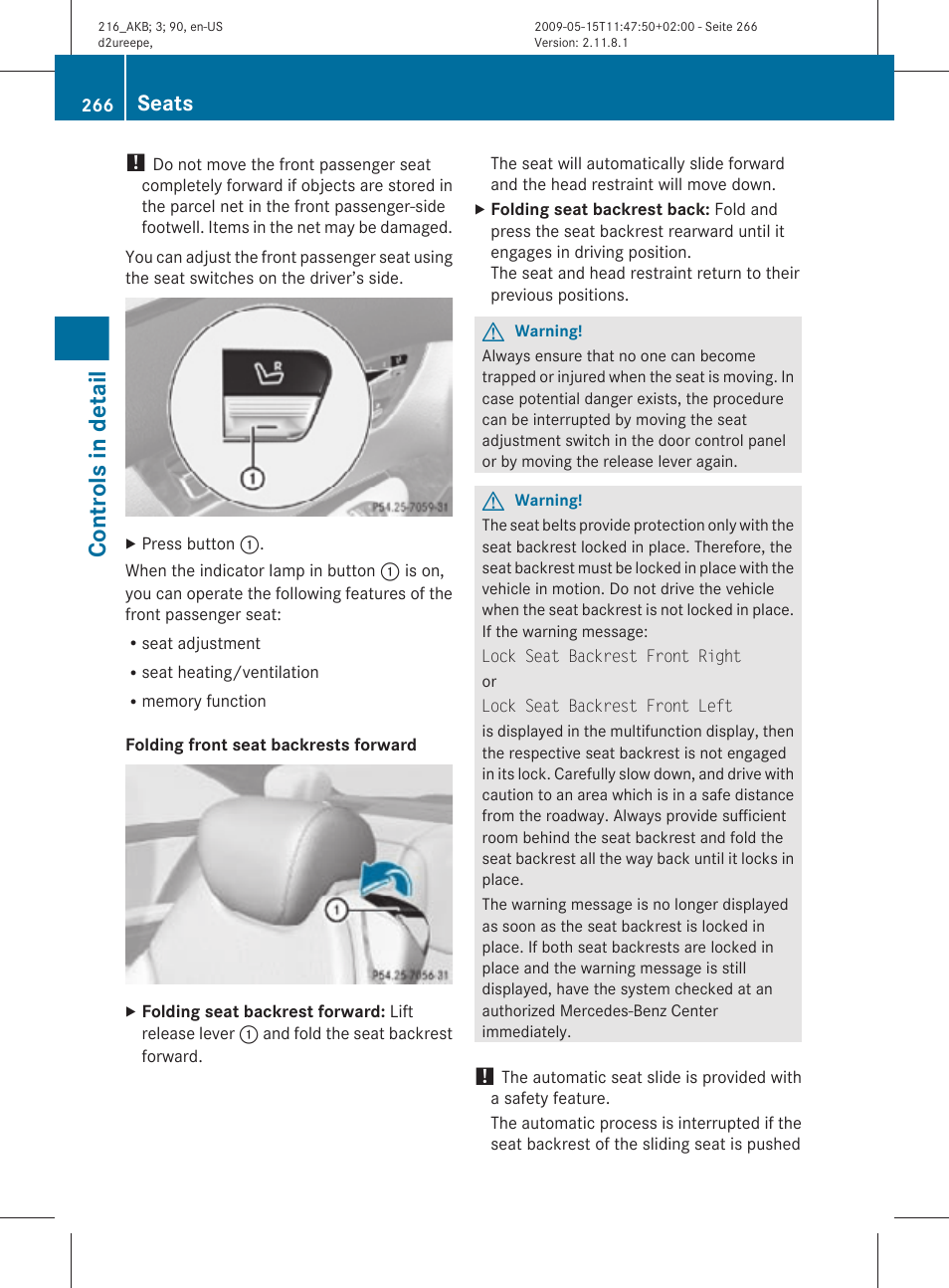 Controls in detail, Seats | Mercedes-Benz CL-Class 2010 Owners Manual User Manual | Page 268 / 500