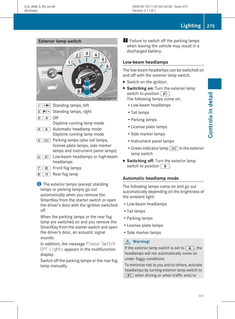 Exterior lamp switch, Controls in detail, Lighting | Mercedes-Benz CL-Class 2010 Owners Manual User Manual | Page 277 / 500