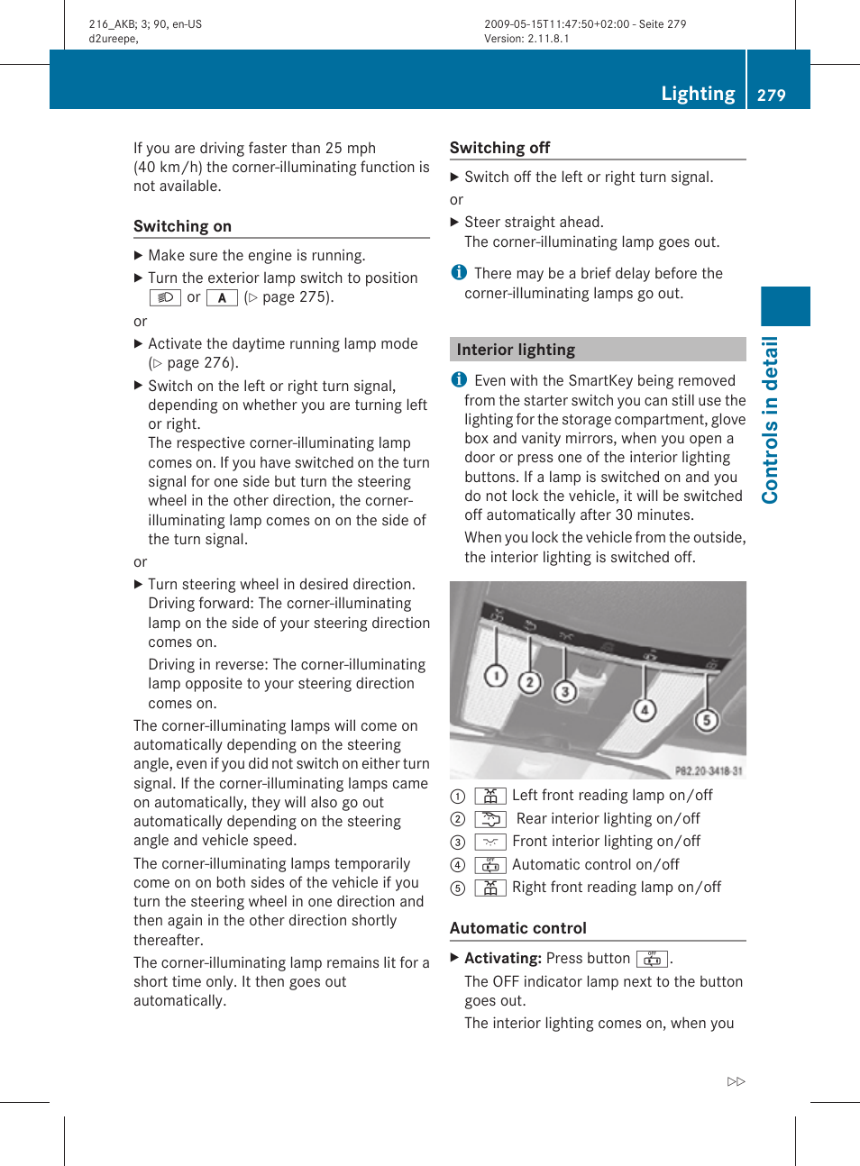 Interior lighting, Controls in detail, Lighting | Mercedes-Benz CL-Class 2010 Owners Manual User Manual | Page 281 / 500
