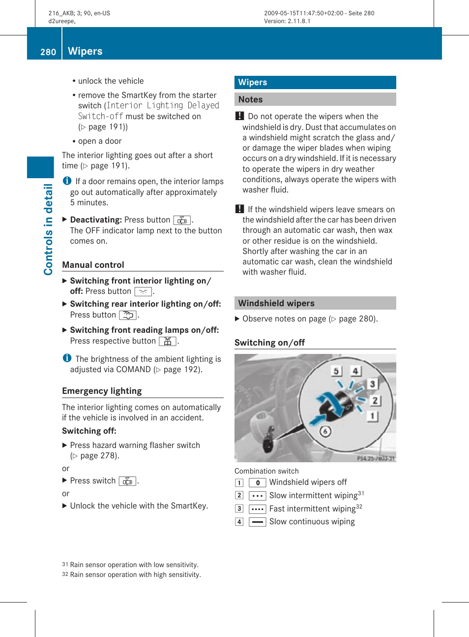 Wipers, Notes, Windshield wipers | Controls in detail | Mercedes-Benz CL-Class 2010 Owners Manual User Manual | Page 282 / 500
