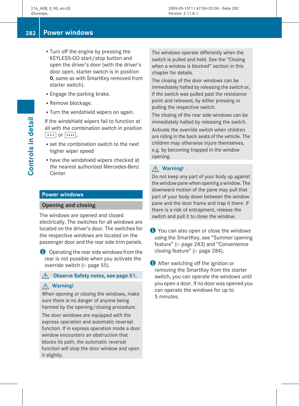 Power windows, Opening and closing, Controls in detail | Mercedes-Benz CL-Class 2010 Owners Manual User Manual | Page 284 / 500
