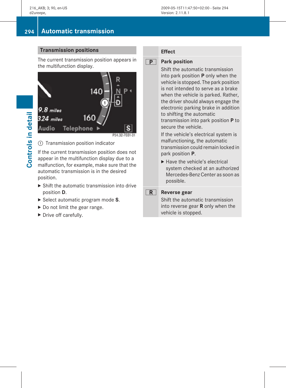Transmission positions, Controls in detail, Automatic transmission | Mercedes-Benz CL-Class 2010 Owners Manual User Manual | Page 296 / 500