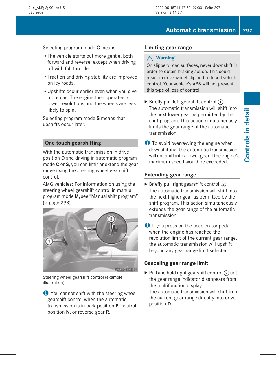 One-touch gearshifting, Controls in detail, Automatic transmission | Mercedes-Benz CL-Class 2010 Owners Manual User Manual | Page 299 / 500