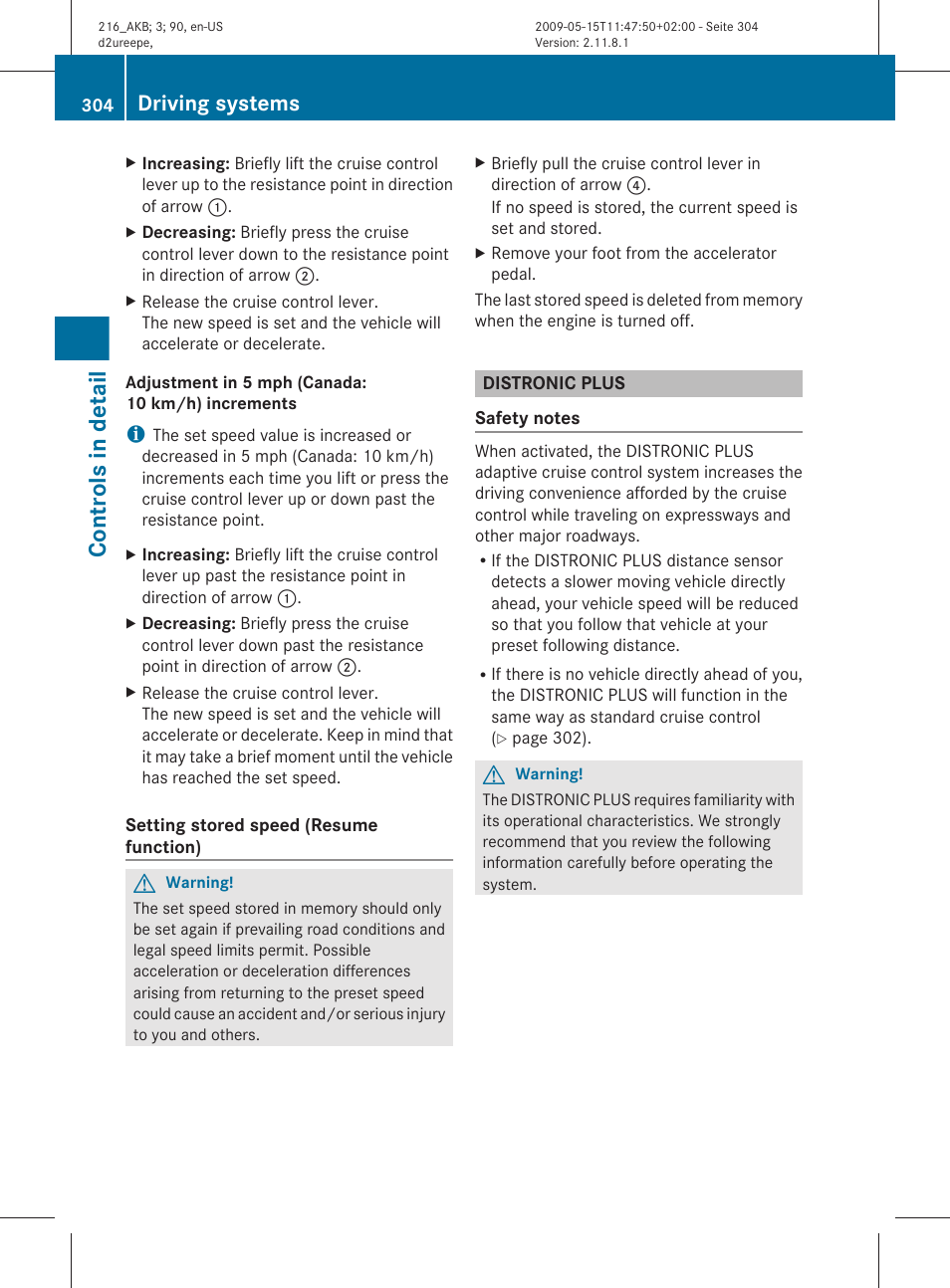 Distronic plus, Controls in detail, Driving systems | Mercedes-Benz CL-Class 2010 Owners Manual User Manual | Page 306 / 500