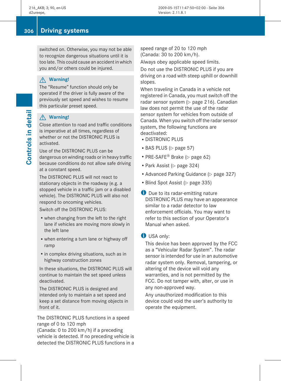 Controls in detail, Driving systems | Mercedes-Benz CL-Class 2010 Owners Manual User Manual | Page 308 / 500