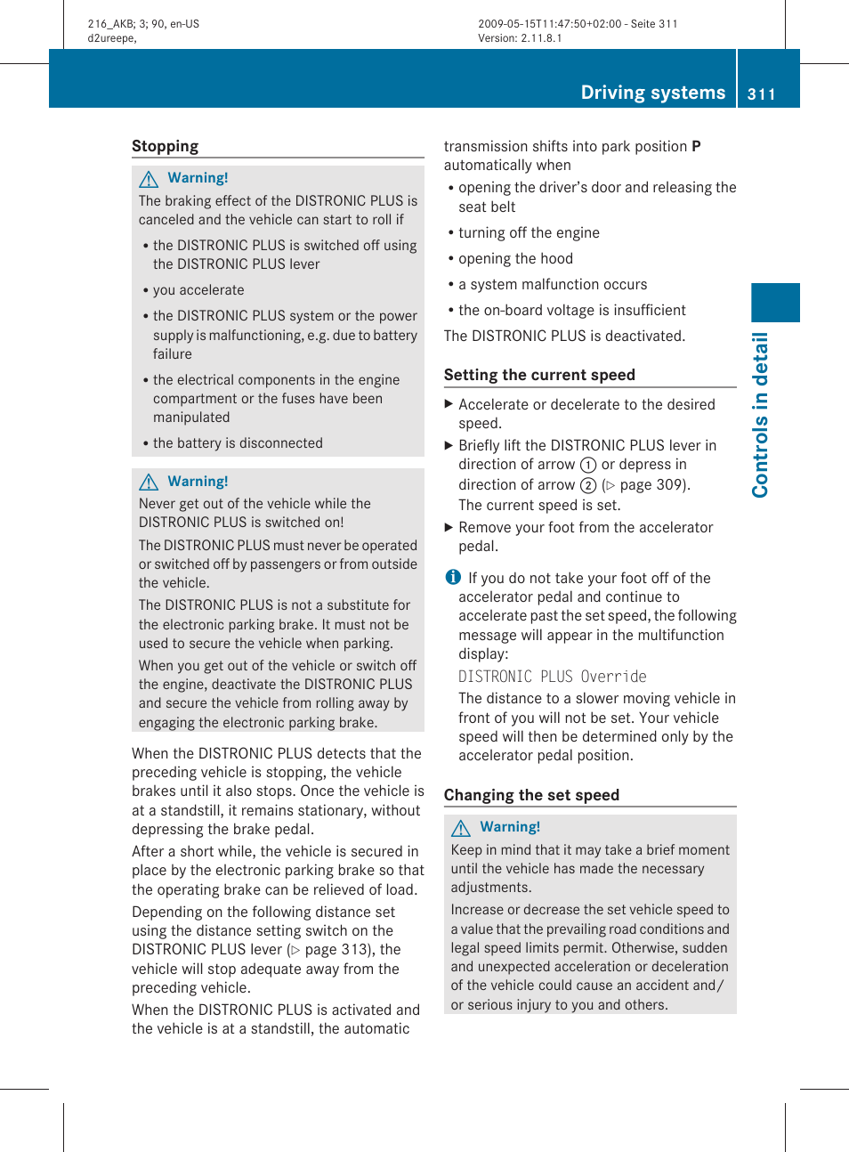Controls in detail, Driving systems | Mercedes-Benz CL-Class 2010 Owners Manual User Manual | Page 313 / 500