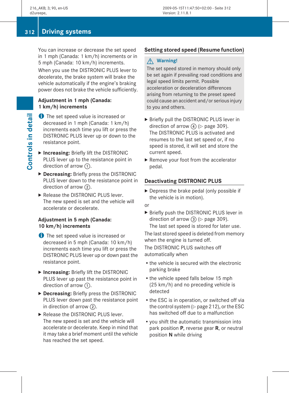 Distronic plus, Controls in detail, Driving systems | Mercedes-Benz CL-Class 2010 Owners Manual User Manual | Page 314 / 500