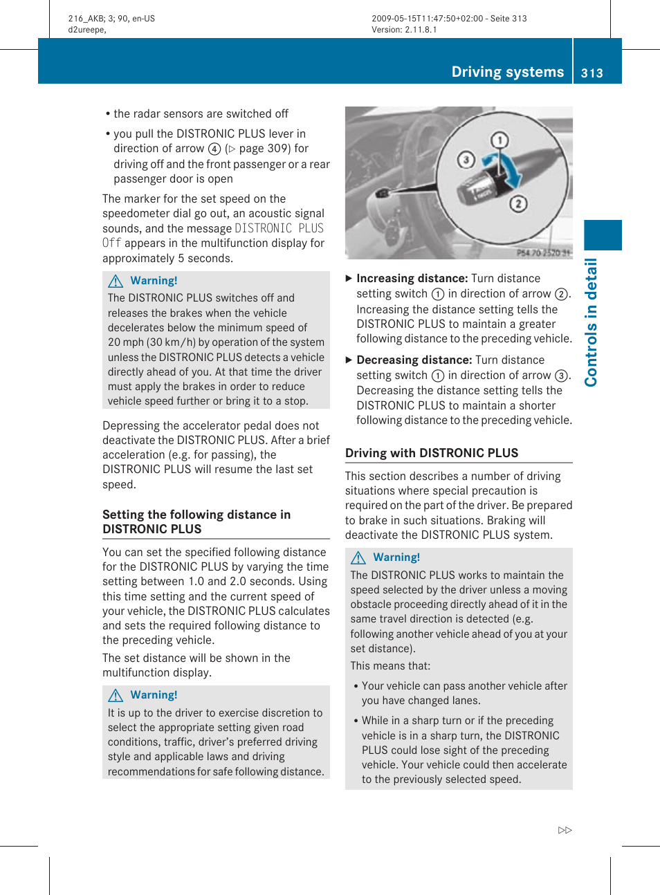 The distronic plus lever, Distronic plus lever, Controls in detail | Driving systems | Mercedes-Benz CL-Class 2010 Owners Manual User Manual | Page 315 / 500