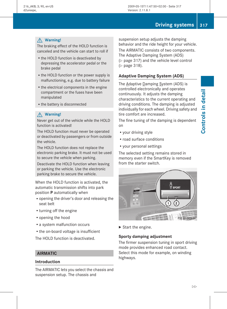 Airmatic, Controls in detail, Driving systems | Mercedes-Benz CL-Class 2010 Owners Manual User Manual | Page 319 / 500