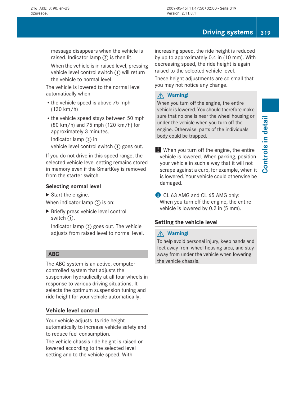 Controls in detail, Driving systems | Mercedes-Benz CL-Class 2010 Owners Manual User Manual | Page 321 / 500