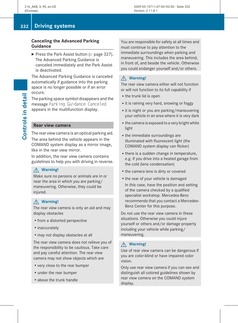 Rear view camera, Controls in detail, Driving systems | Mercedes-Benz CL-Class 2010 Owners Manual User Manual | Page 334 / 500