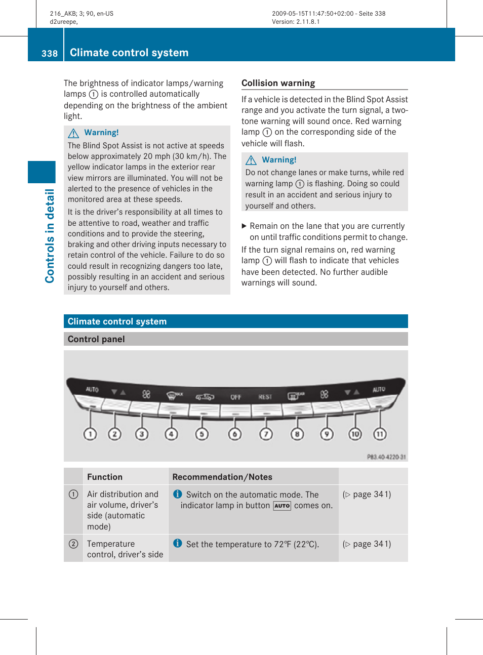 Climate control system, Control panel, Necessary | Controls in detail | Mercedes-Benz CL-Class 2010 Owners Manual User Manual | Page 340 / 500