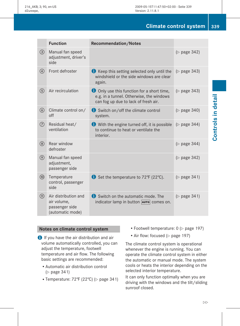 Notes on climate control system, Controls in detail, Climate control system | Mercedes-Benz CL-Class 2010 Owners Manual User Manual | Page 341 / 500