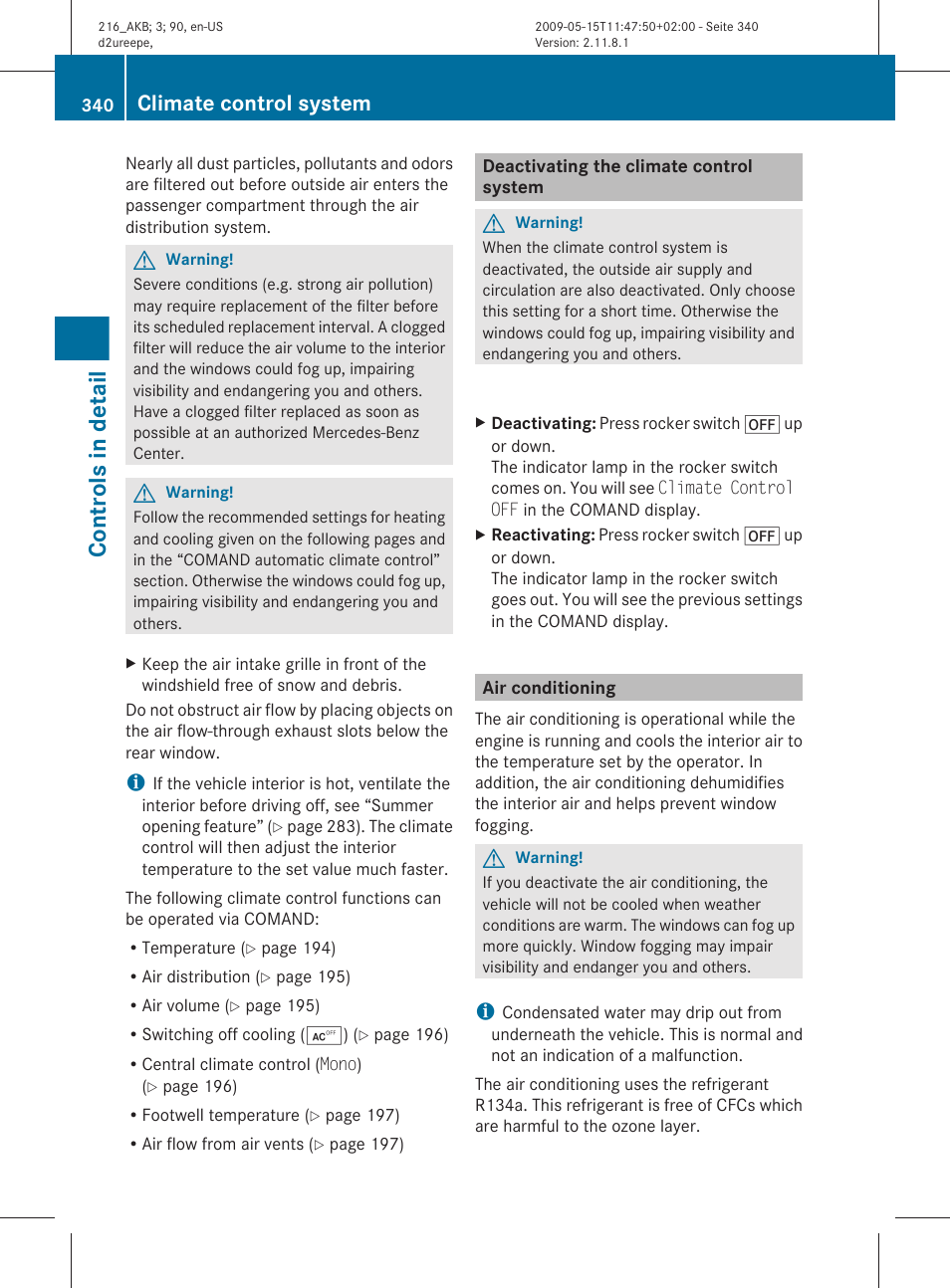 Deactivating the climate control system, Air conditioning, Controls in detail | Climate control system | Mercedes-Benz CL-Class 2010 Owners Manual User Manual | Page 342 / 500