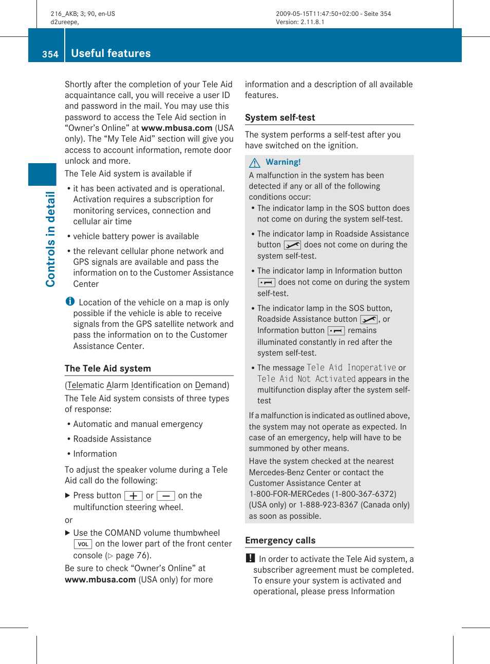 Controls in detail, Useful features | Mercedes-Benz CL-Class 2010 Owners Manual User Manual | Page 356 / 500