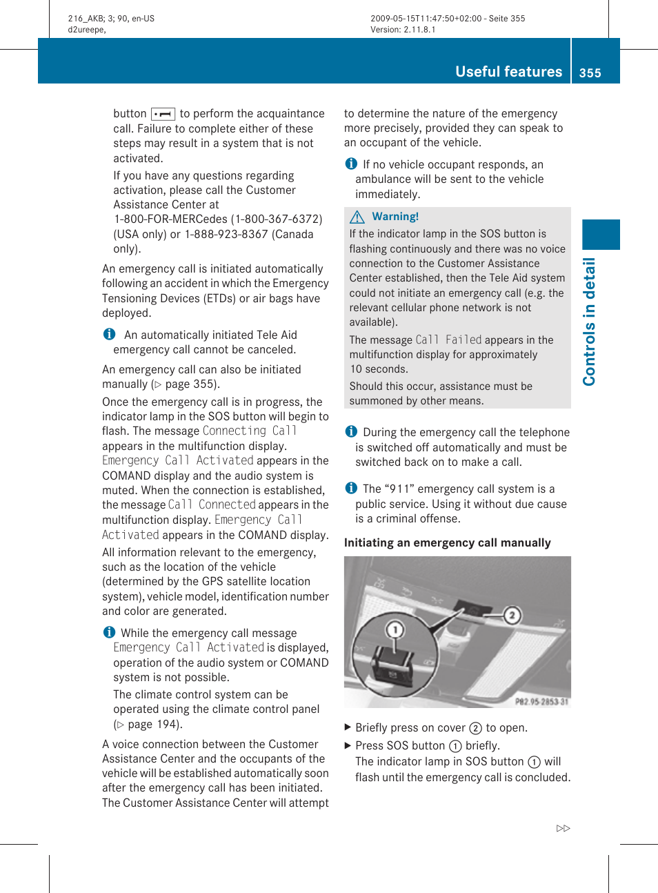 Controls in detail, Useful features | Mercedes-Benz CL-Class 2010 Owners Manual User Manual | Page 357 / 500