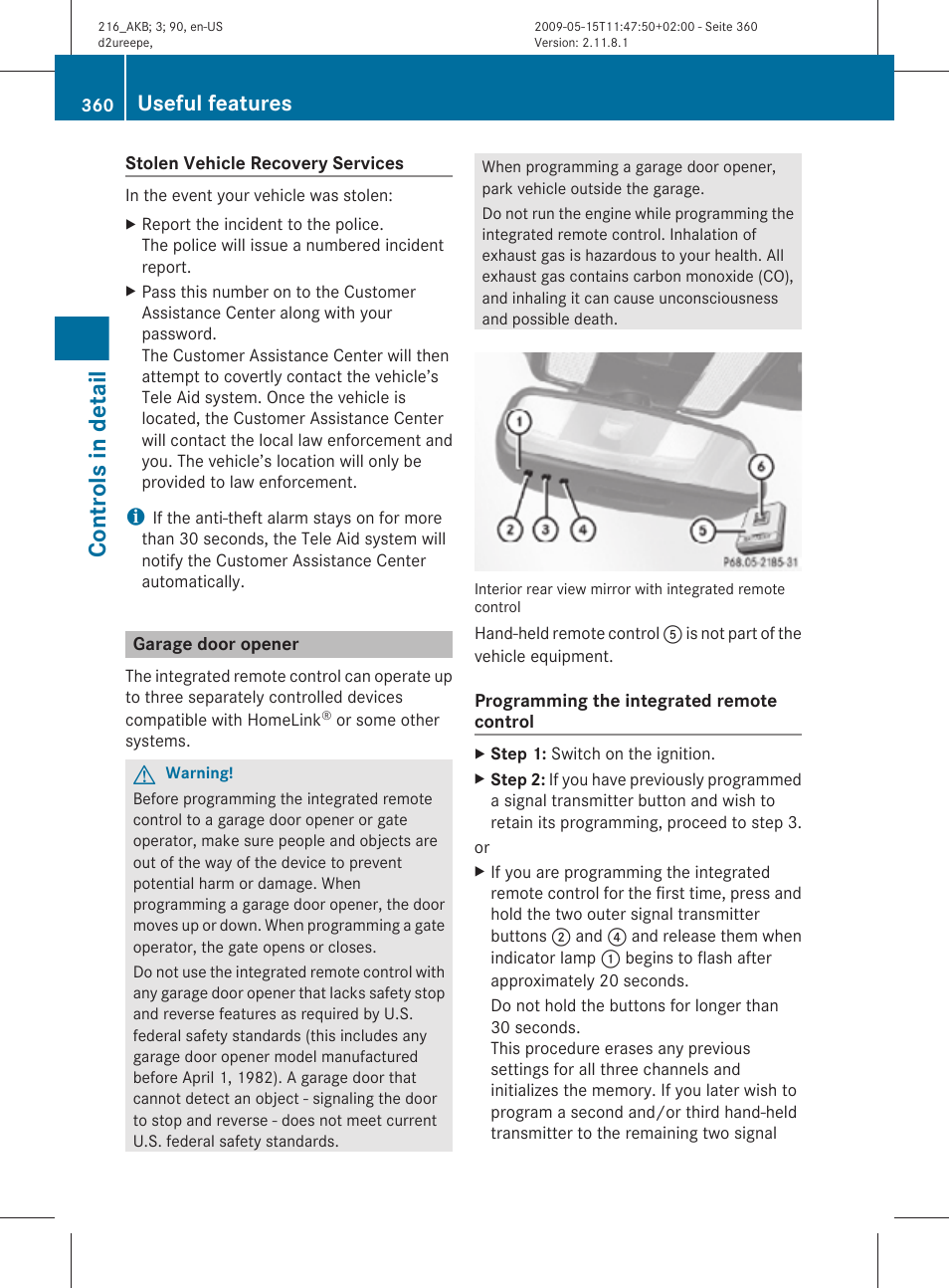 Garage door opener, Controls in detail, Useful features | Mercedes-Benz CL-Class 2010 Owners Manual User Manual | Page 362 / 500