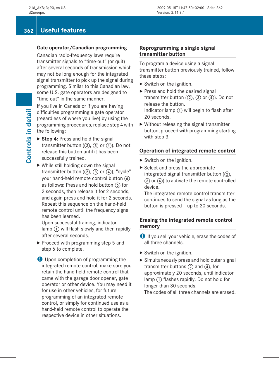 Controls in detail, Useful features | Mercedes-Benz CL-Class 2010 Owners Manual User Manual | Page 364 / 500