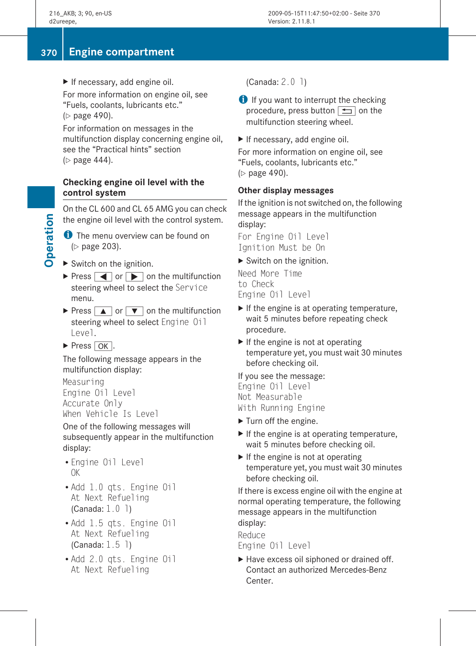 Cl 65 amg), Operation, Engine compartment | Mercedes-Benz CL-Class 2010 Owners Manual User Manual | Page 372 / 500