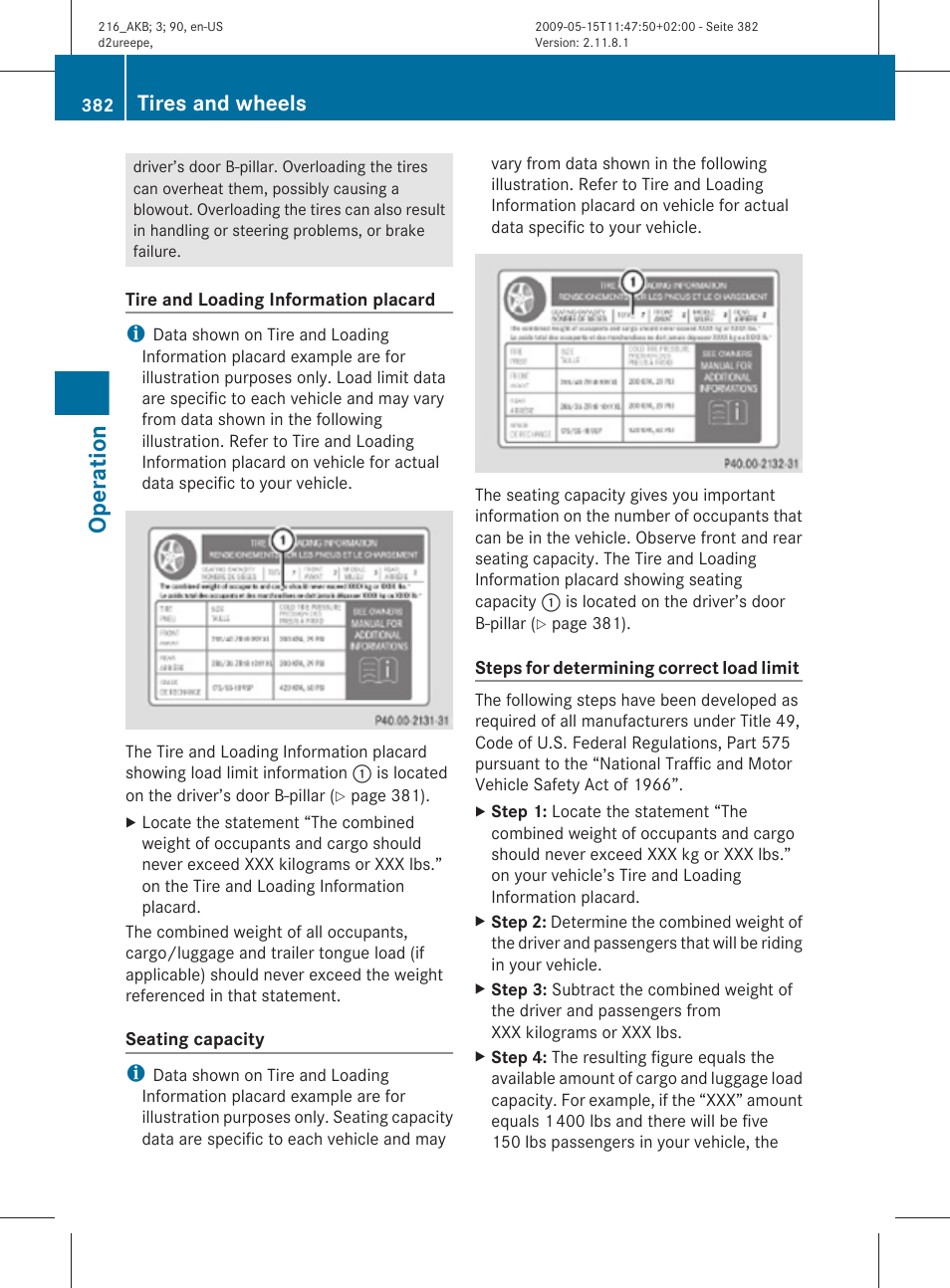 Operation, Tires and wheels | Mercedes-Benz CL-Class 2010 Owners Manual User Manual | Page 384 / 500