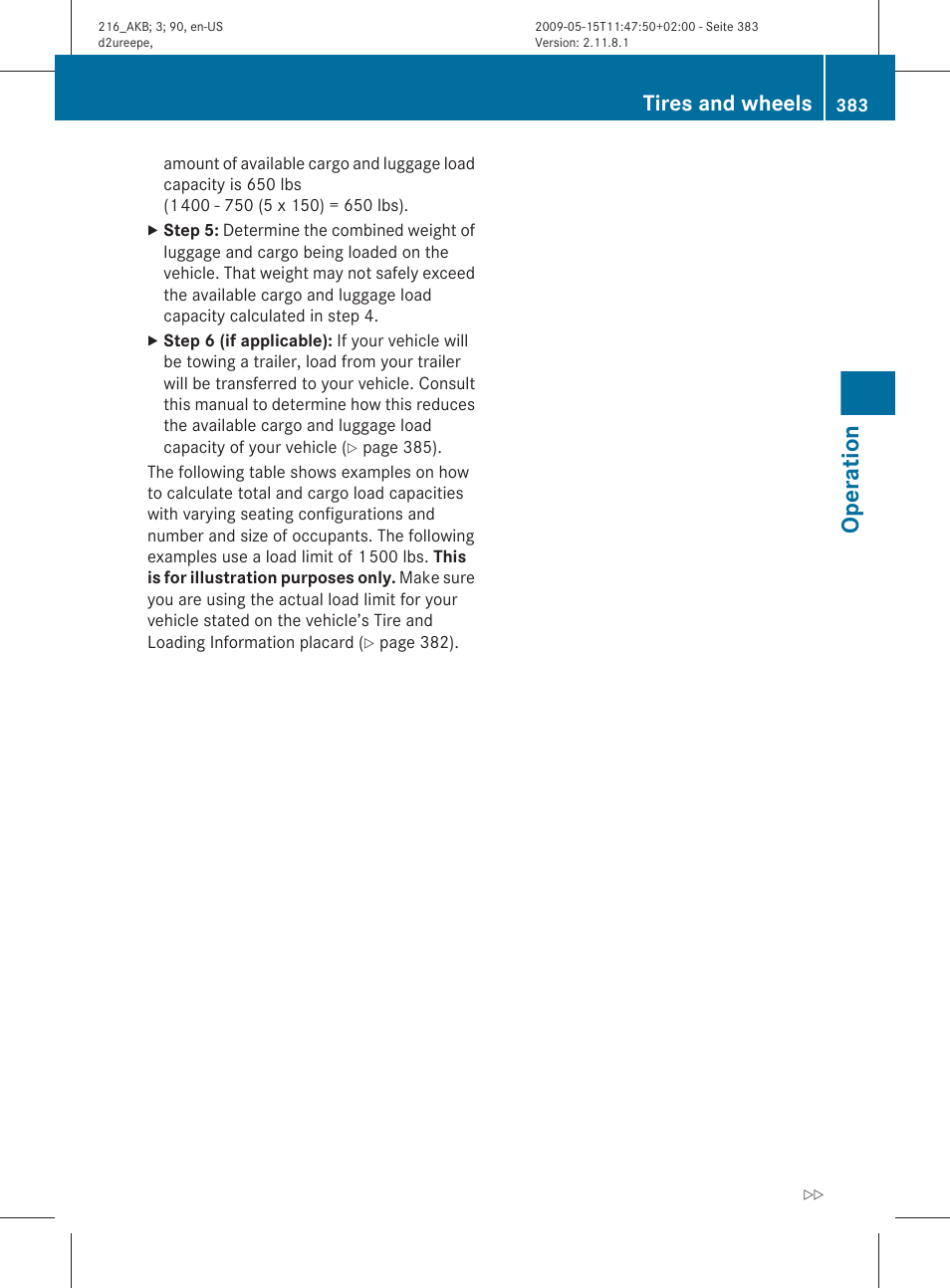 Operation, Tires and wheels | Mercedes-Benz CL-Class 2010 Owners Manual User Manual | Page 385 / 500