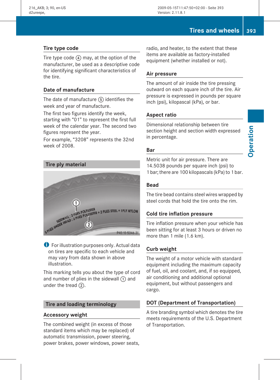 Tire ply material, Tire and loading terminology, Operation | Tires and wheels | Mercedes-Benz CL-Class 2010 Owners Manual User Manual | Page 395 / 500