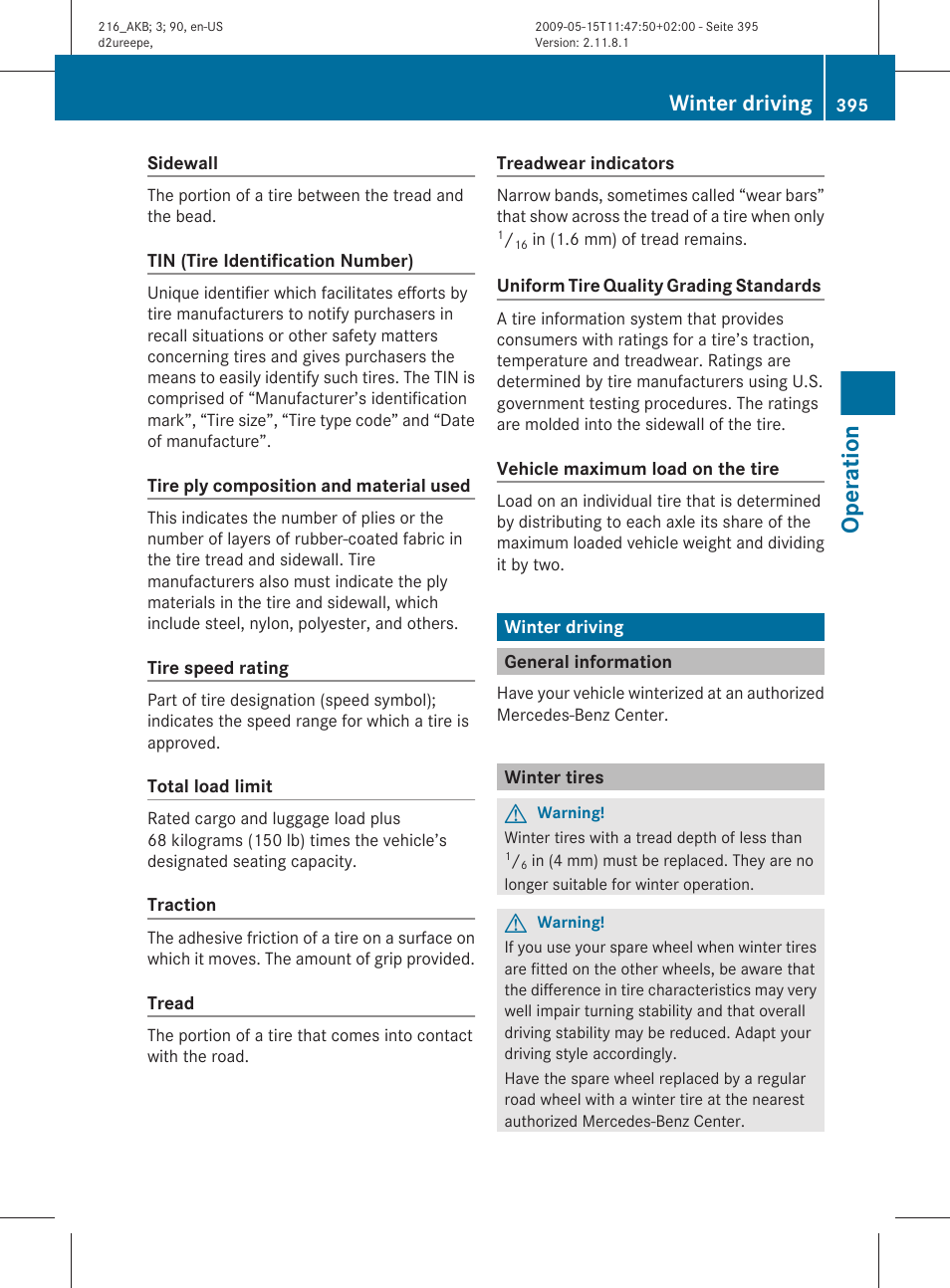Winter driving, General information, Winter tires | Achieved with winter tires, Operation | Mercedes-Benz CL-Class 2010 Owners Manual User Manual | Page 397 / 500