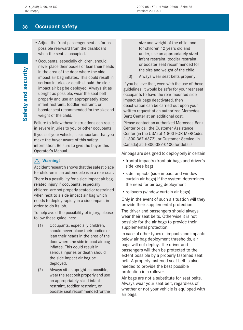 Safety and security, Occupant safety | Mercedes-Benz CL-Class 2010 Owners Manual User Manual | Page 40 / 500