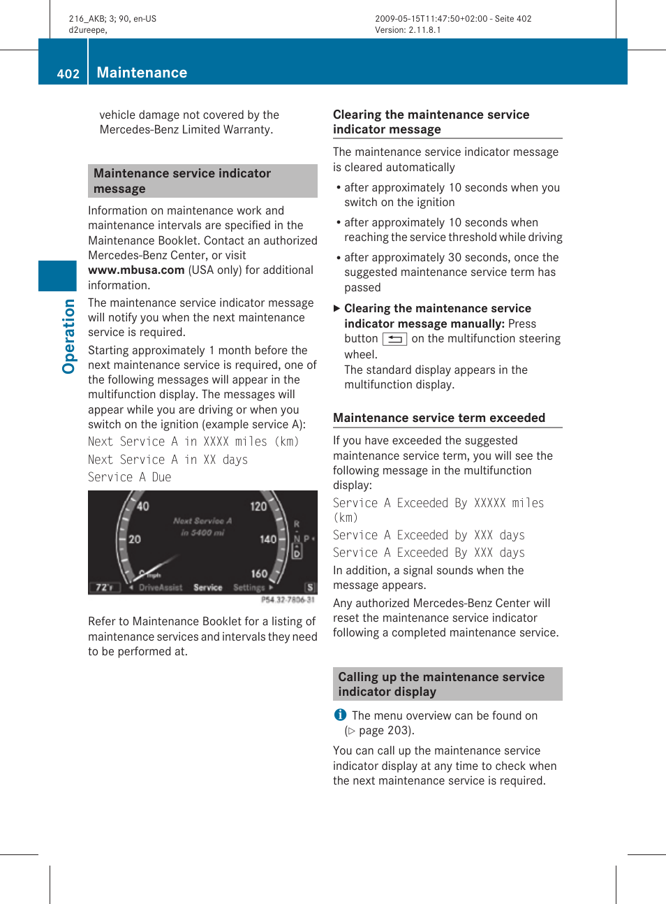 Maintenance service indicator message, Indicator display, Operation | Maintenance | Mercedes-Benz CL-Class 2010 Owners Manual User Manual | Page 404 / 500
