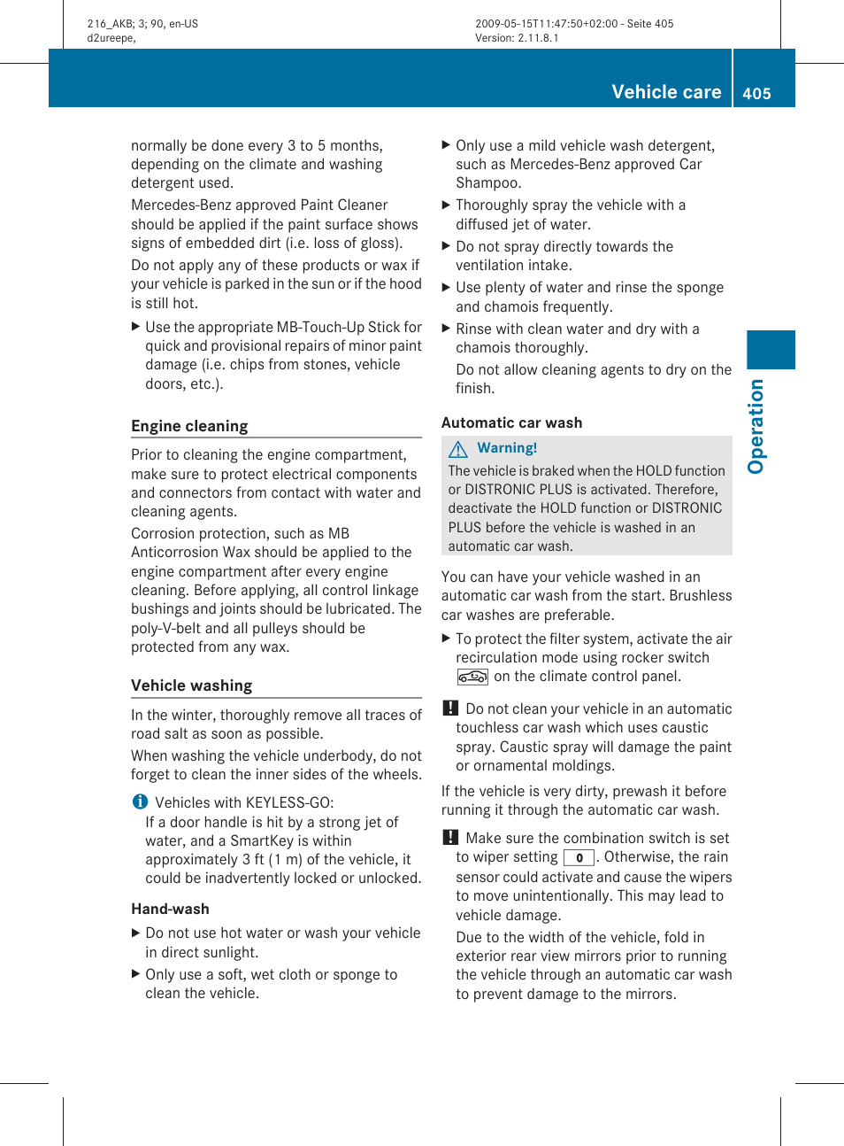 Operation, Vehicle care | Mercedes-Benz CL-Class 2010 Owners Manual User Manual | Page 407 / 500