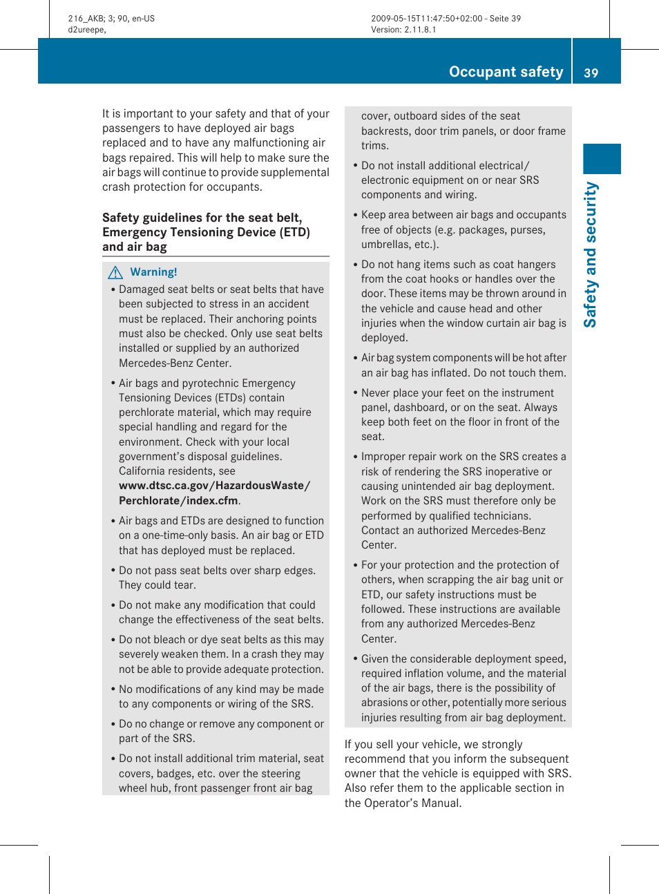 Safety and security, Occupant safety | Mercedes-Benz CL-Class 2010 Owners Manual User Manual | Page 41 / 500