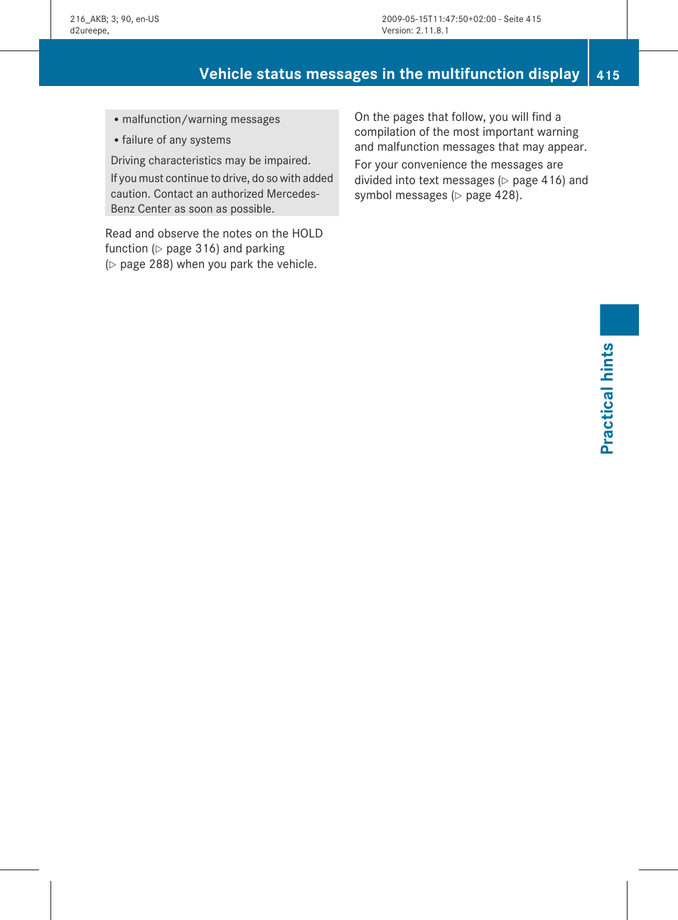 Practical hints | Mercedes-Benz CL-Class 2010 Owners Manual User Manual | Page 417 / 500
