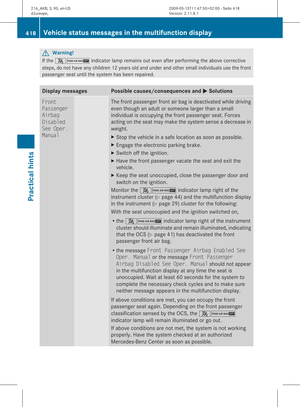 Practical hints | Mercedes-Benz CL-Class 2010 Owners Manual User Manual | Page 420 / 500