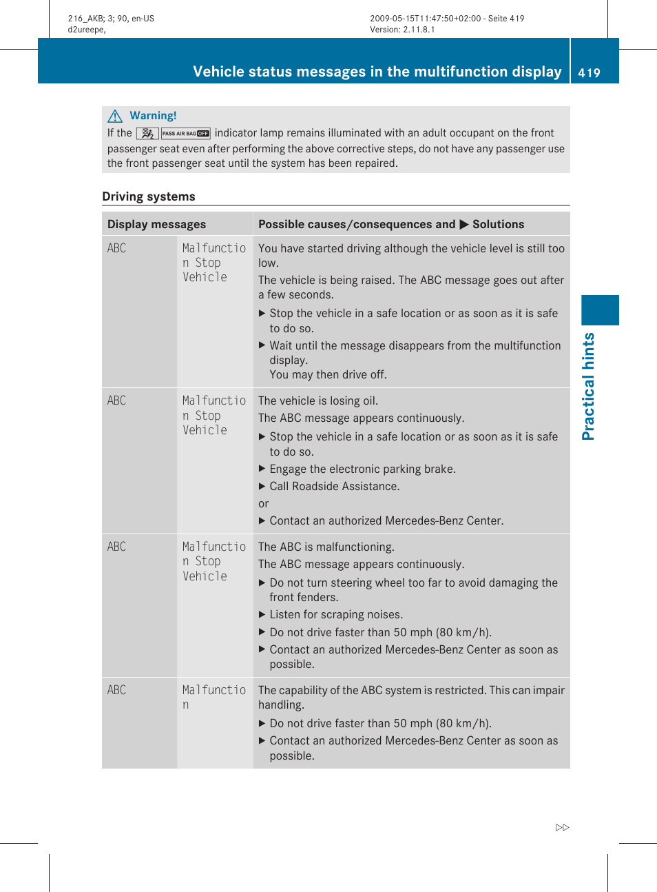 Practical hints | Mercedes-Benz CL-Class 2010 Owners Manual User Manual | Page 421 / 500