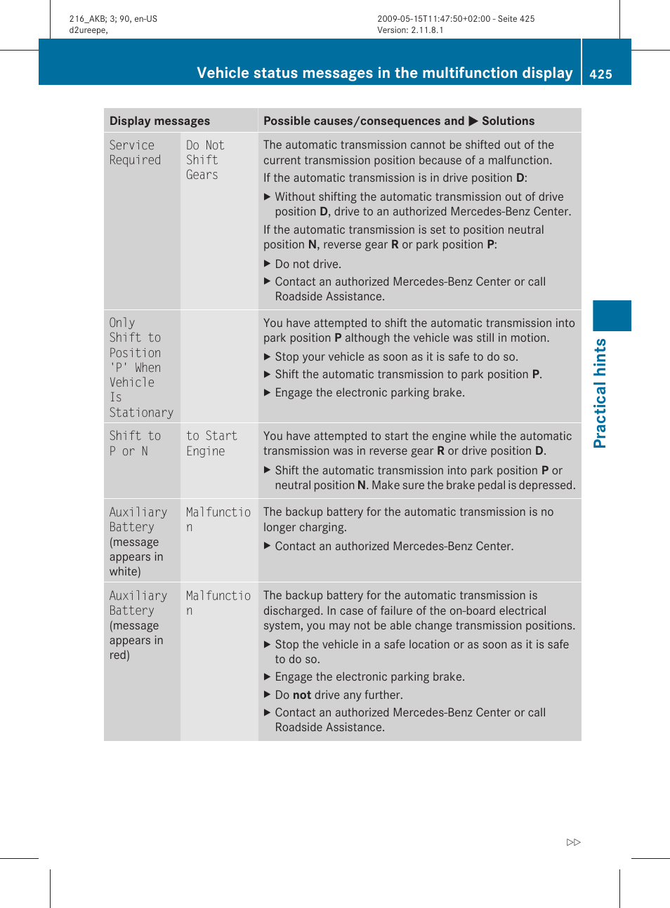 Practical hints | Mercedes-Benz CL-Class 2010 Owners Manual User Manual | Page 427 / 500