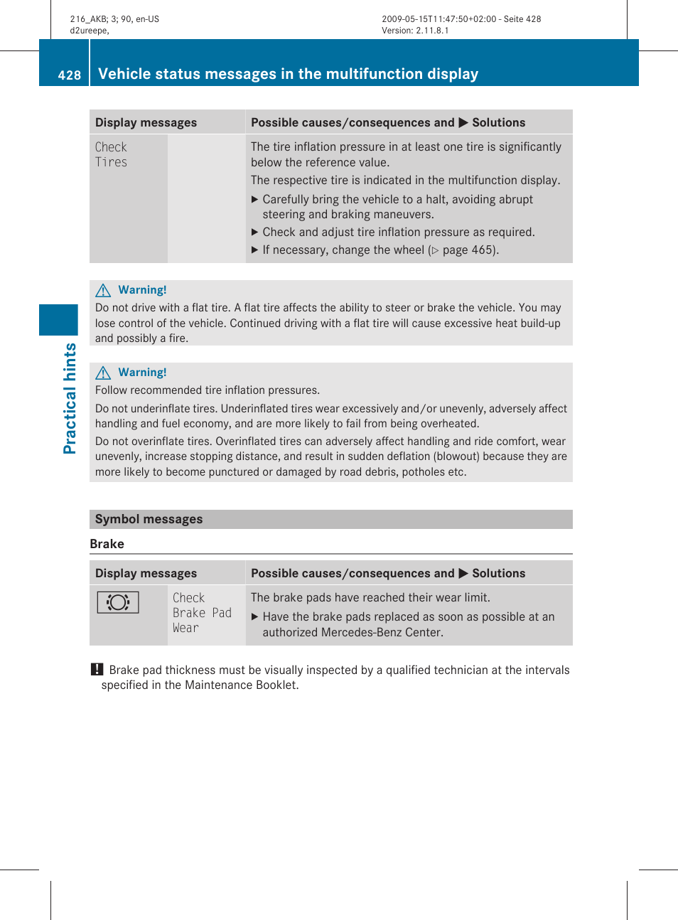 Symbol messages, Practical hints | Mercedes-Benz CL-Class 2010 Owners Manual User Manual | Page 430 / 500