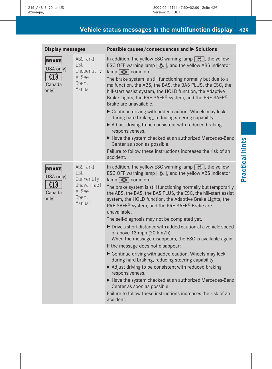 Practical hints | Mercedes-Benz CL-Class 2010 Owners Manual User Manual | Page 431 / 500