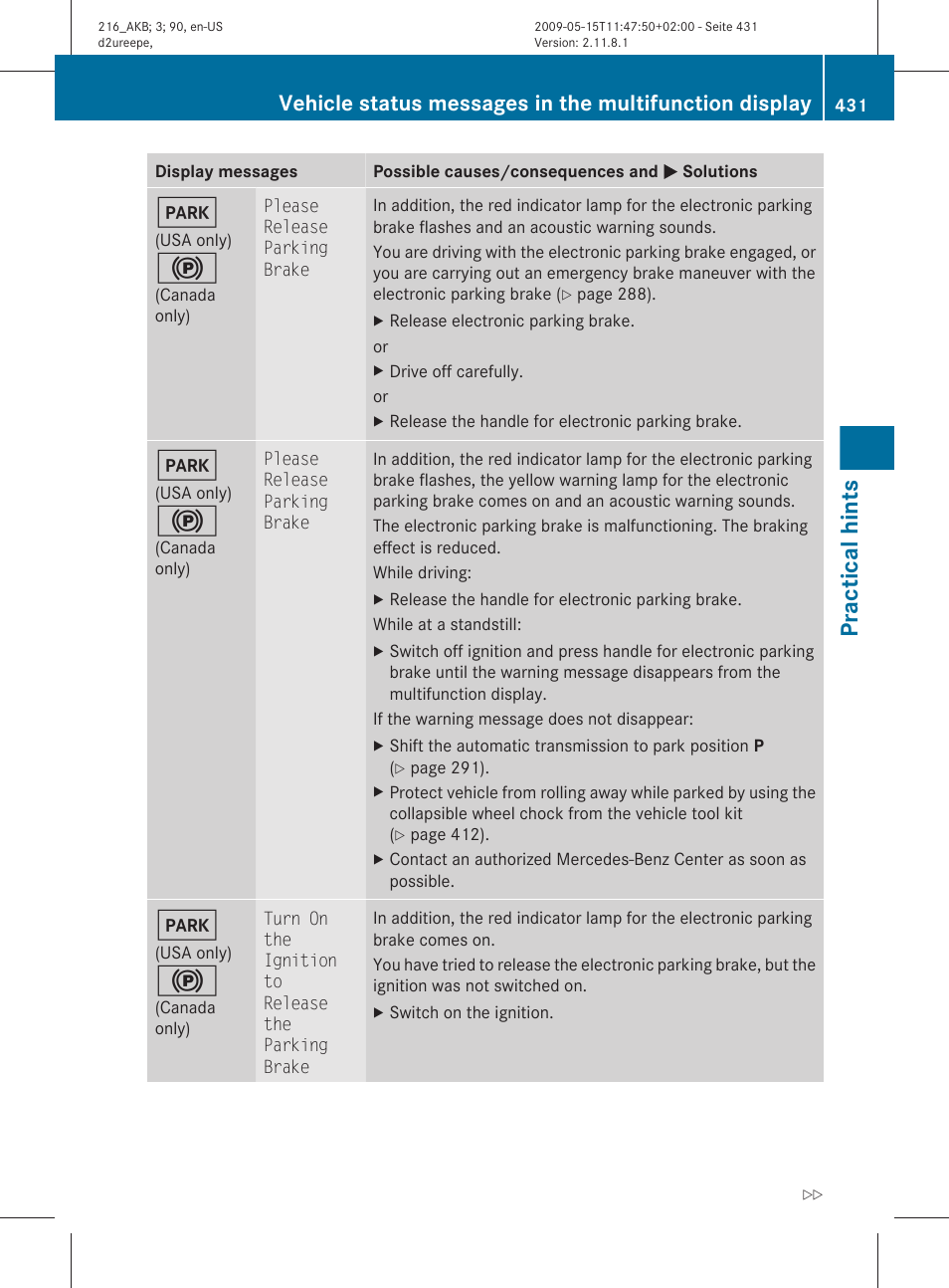 Practical hints | Mercedes-Benz CL-Class 2010 Owners Manual User Manual | Page 433 / 500
