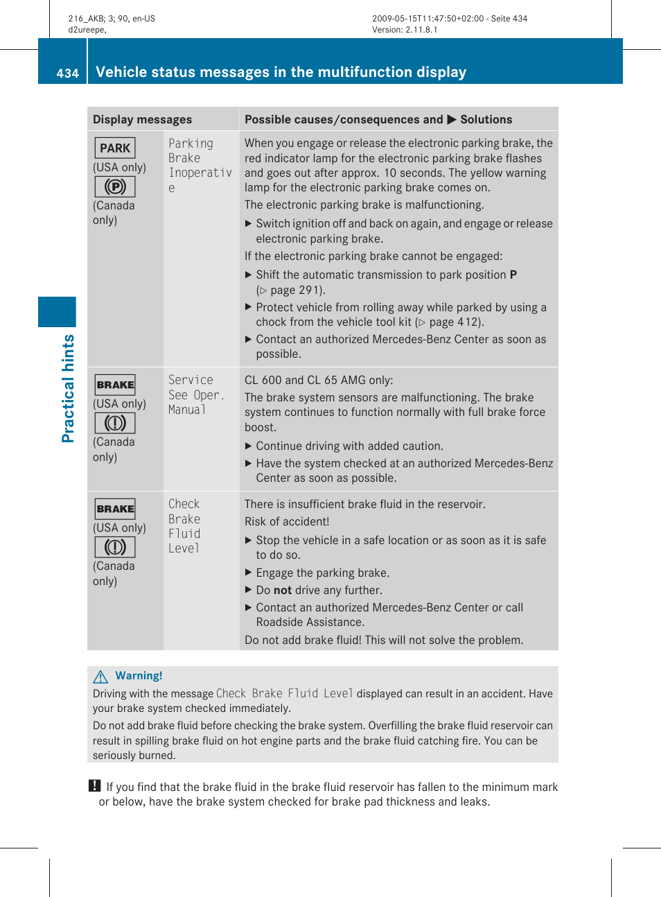 Practical hints | Mercedes-Benz CL-Class 2010 Owners Manual User Manual | Page 436 / 500