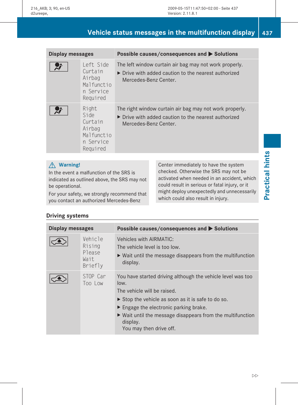 Practical hints | Mercedes-Benz CL-Class 2010 Owners Manual User Manual | Page 439 / 500