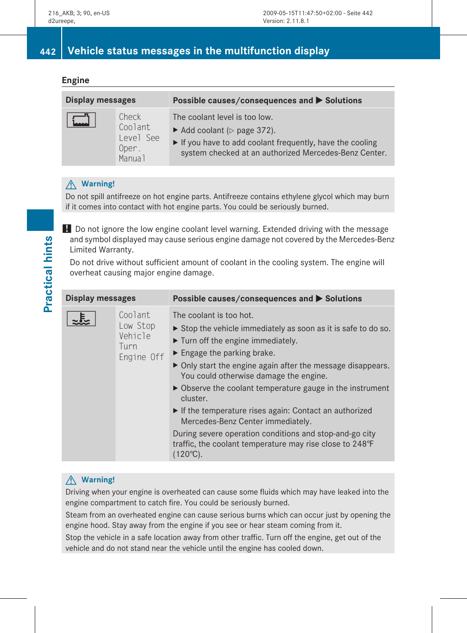 Practical hints | Mercedes-Benz CL-Class 2010 Owners Manual User Manual | Page 444 / 500