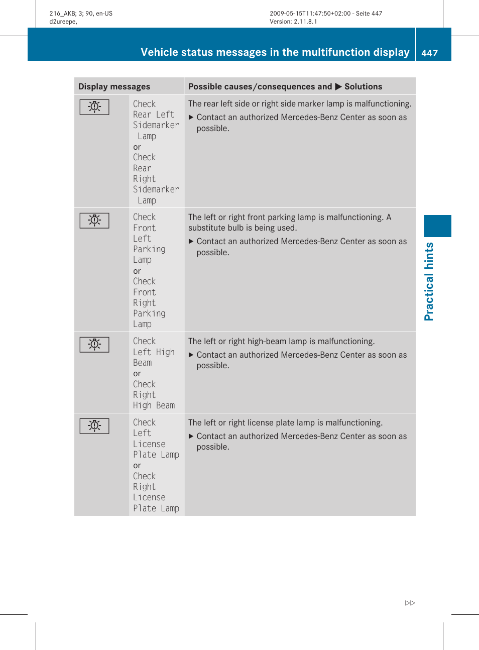Practical hints | Mercedes-Benz CL-Class 2010 Owners Manual User Manual | Page 449 / 500