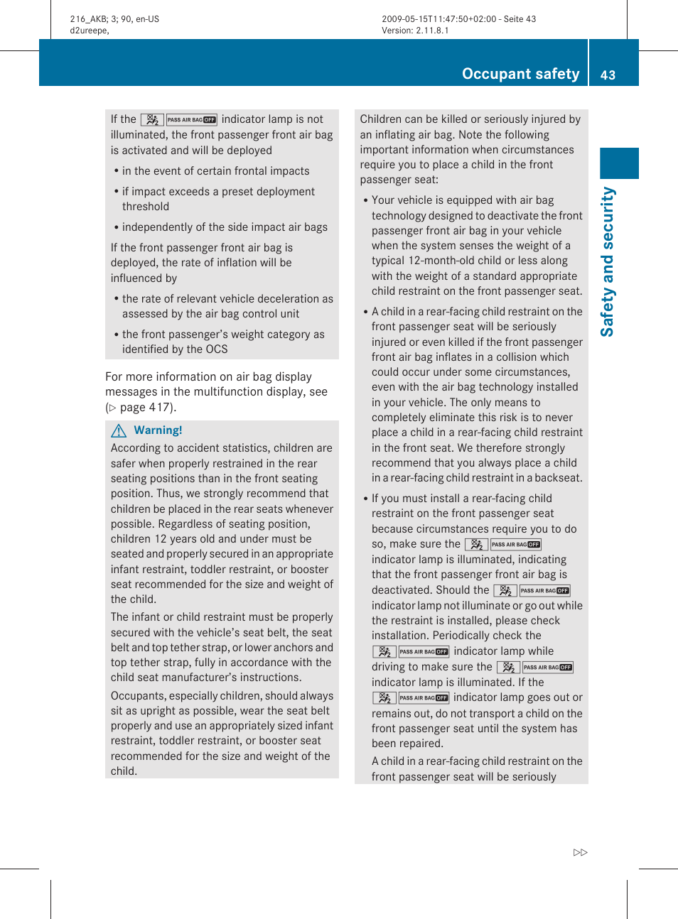 Safety and security, Occupant safety | Mercedes-Benz CL-Class 2010 Owners Manual User Manual | Page 45 / 500