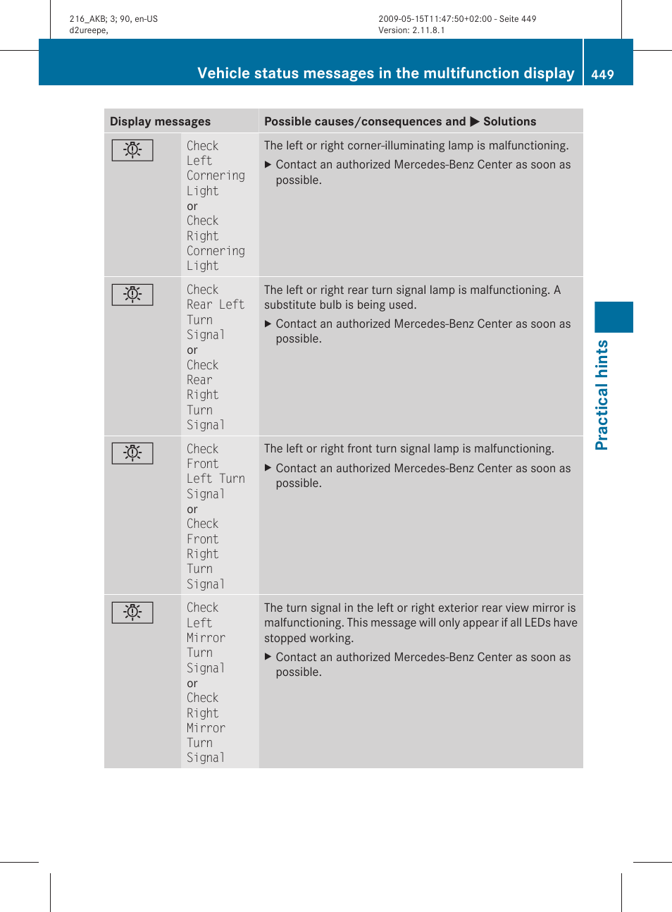 Practical hints | Mercedes-Benz CL-Class 2010 Owners Manual User Manual | Page 451 / 500