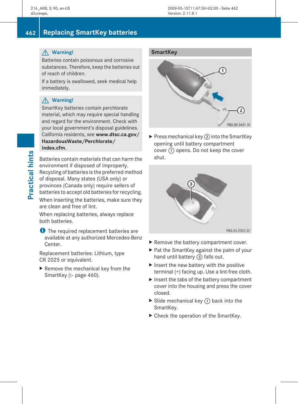 Smartkey, Practical hints, Replacing smartkey batteries | Mercedes-Benz CL-Class 2010 Owners Manual User Manual | Page 464 / 500