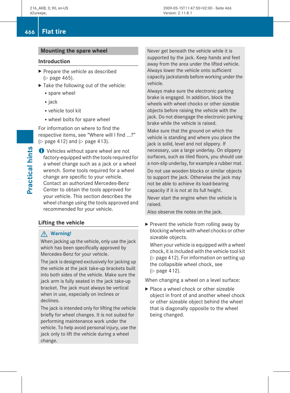 Mounting the spare wheel, The vehicle, Practical hints | Flat tire | Mercedes-Benz CL-Class 2010 Owners Manual User Manual | Page 468 / 500