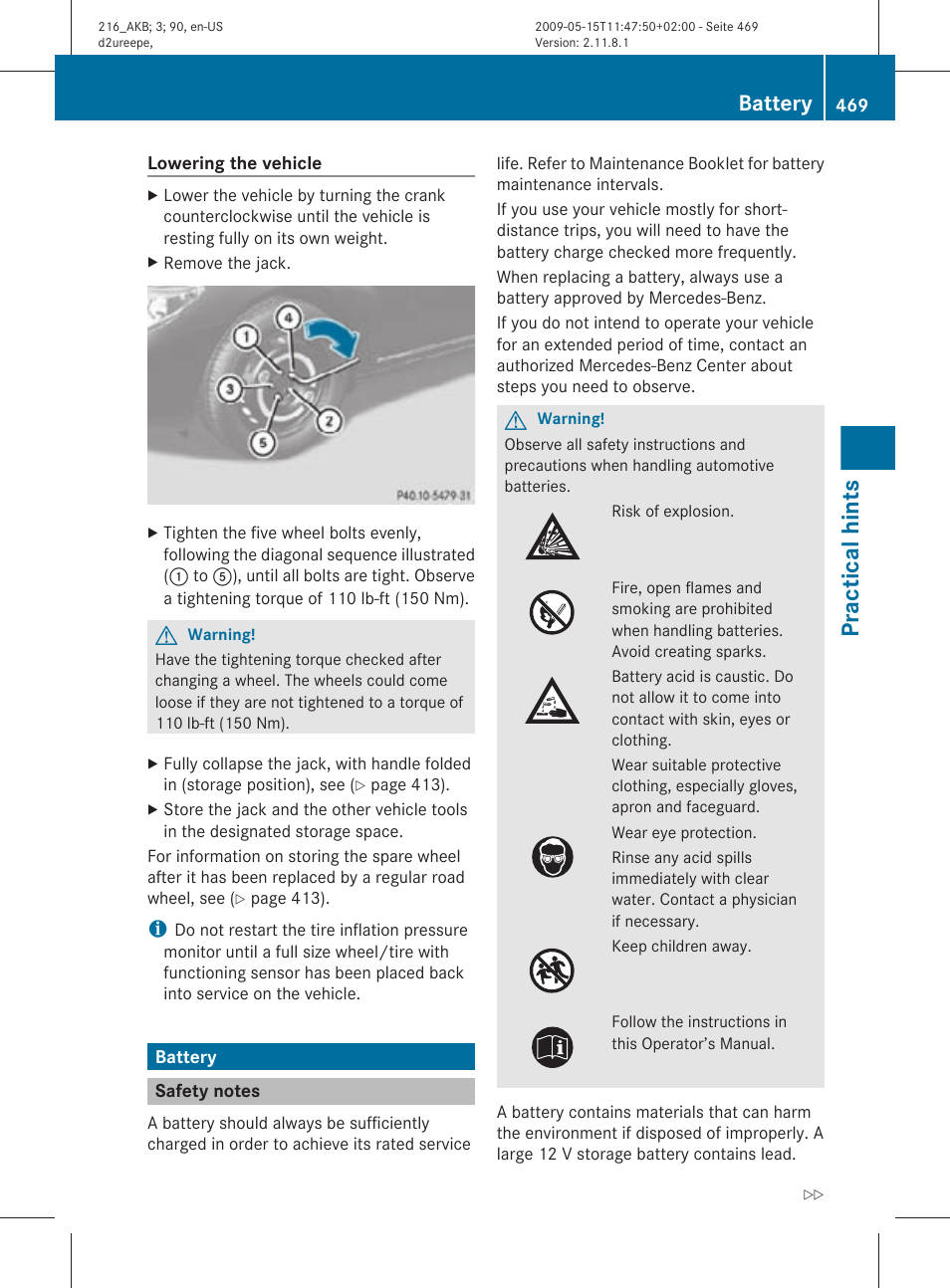 Battery, Safety notes, Practical hints | Mercedes-Benz CL-Class 2010 Owners Manual User Manual | Page 471 / 500