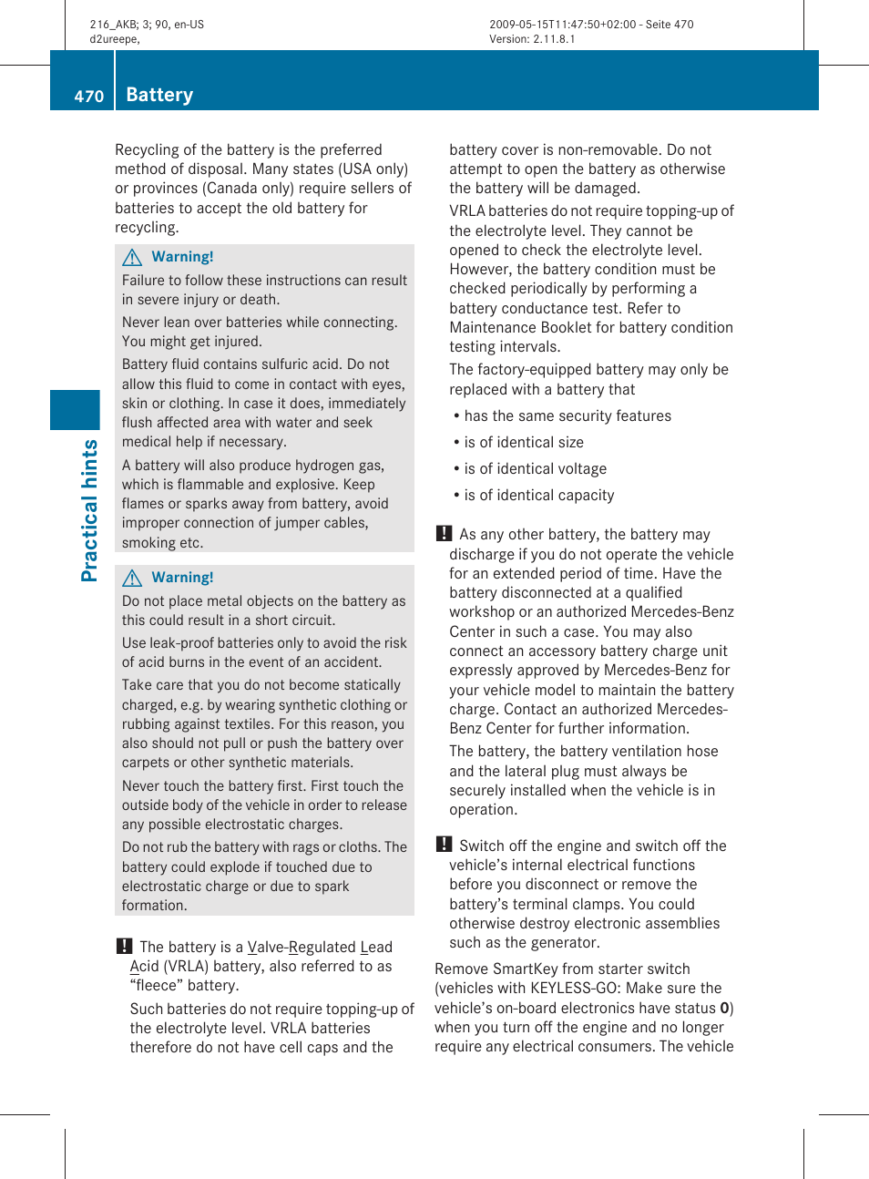Practical hints, Battery | Mercedes-Benz CL-Class 2010 Owners Manual User Manual | Page 472 / 500