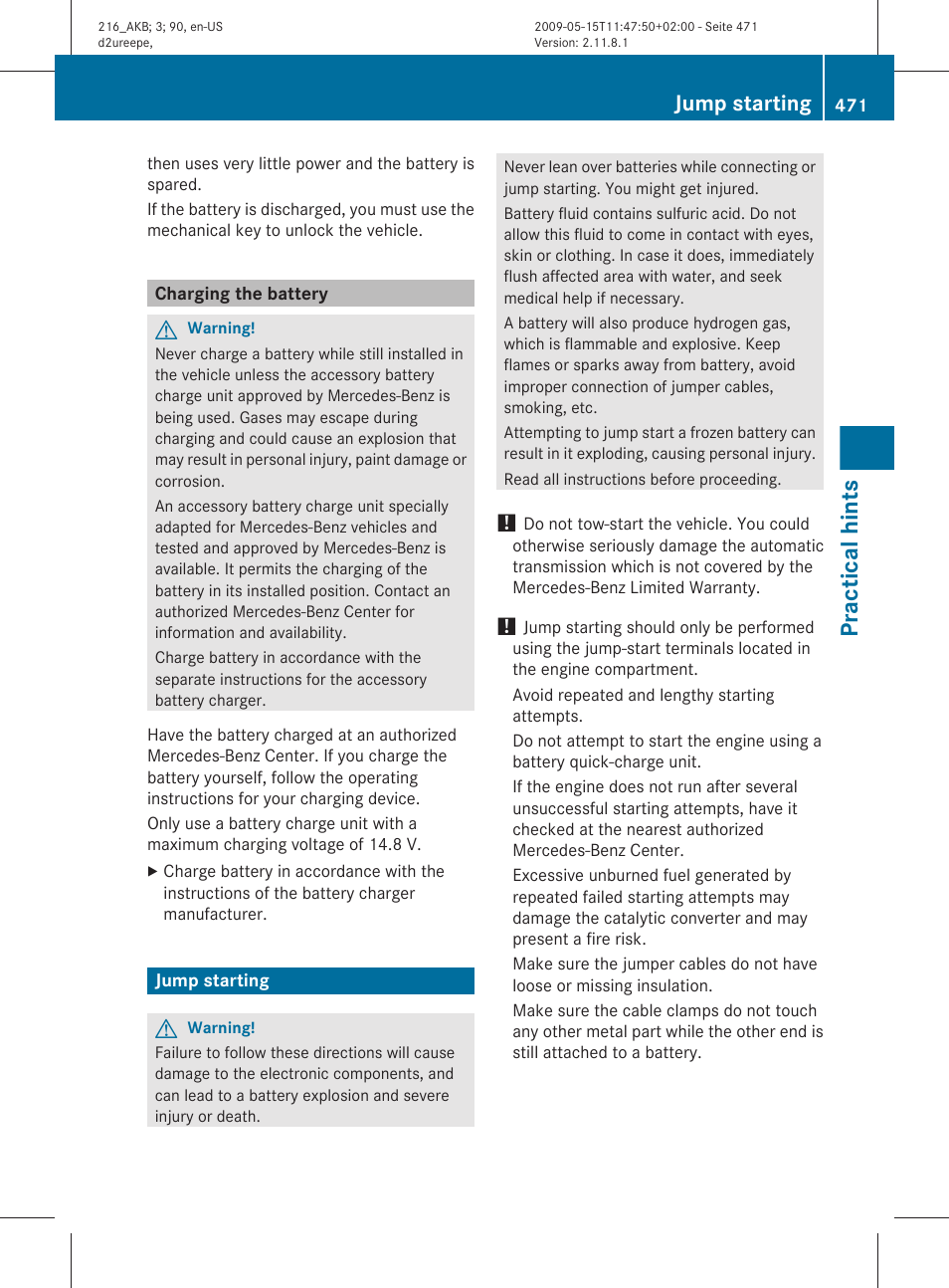 Charging the battery, Jump starting, Necessary | Get a jump start, Practical hints | Mercedes-Benz CL-Class 2010 Owners Manual User Manual | Page 473 / 500